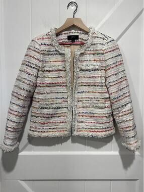 J.Crew Women's Lady Jacket in Ivory Rainbow Confetti Fringe Tweed, Size 2